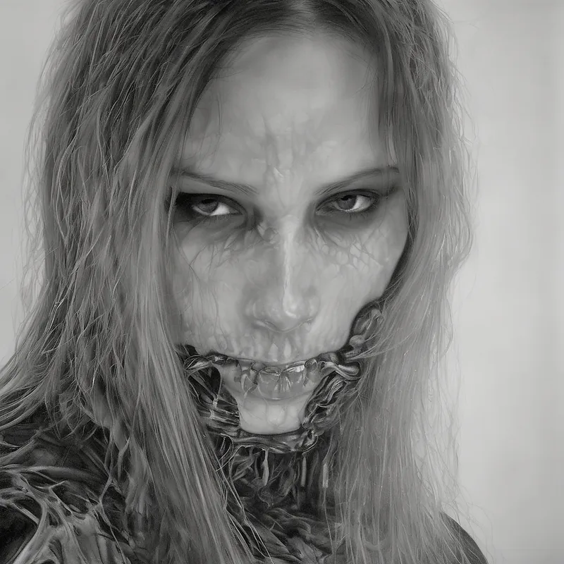 Concept portrait of a woman with a skeletal lower face and hollow eyes