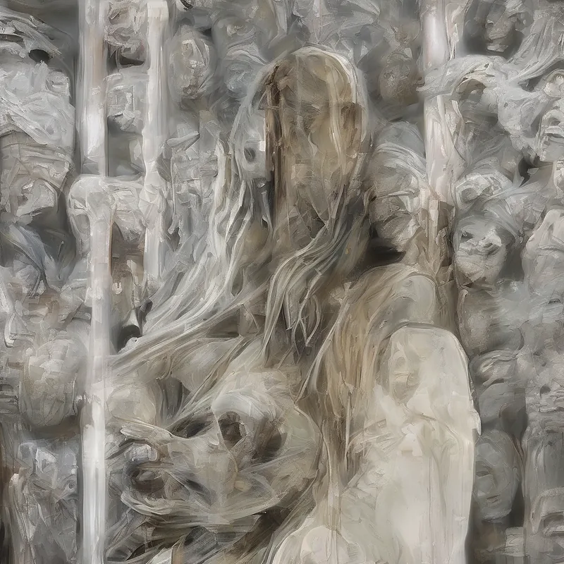 Concept image of a faceless woman before a wall of blurred masks