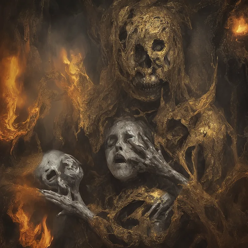 Concept image of a skull-shrouded figure holding a face in a field of fire