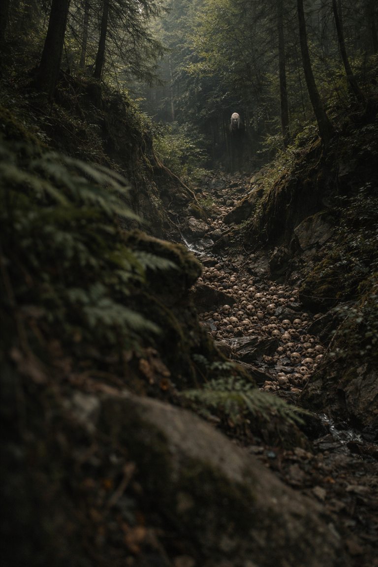 Recovered field photo — skull-strewn ravine with a distant watcher figure