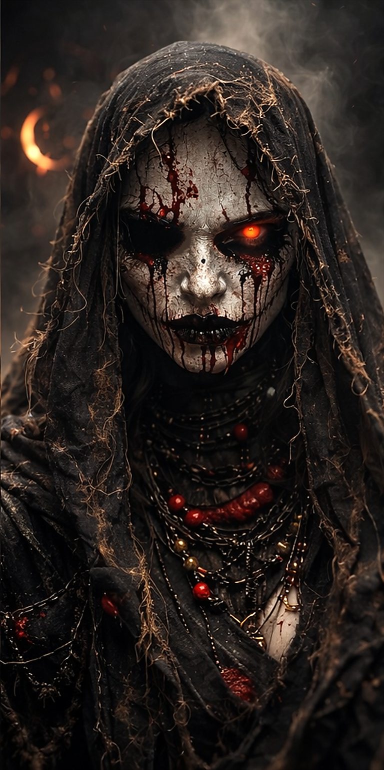 Recovered portrait — blood-marked veiled face with one burning eye