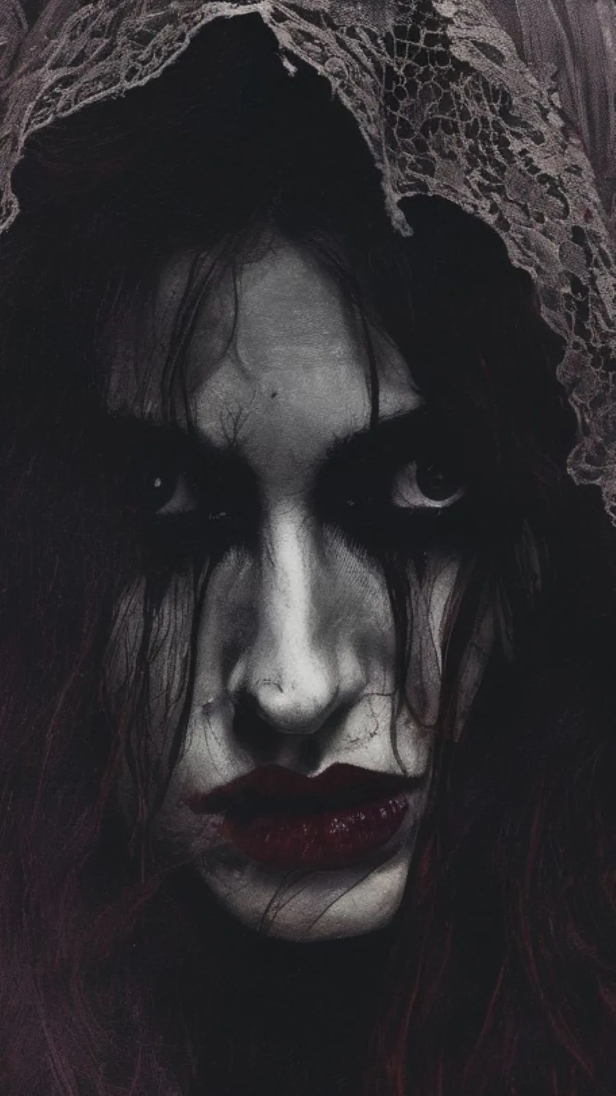 Veiled sister portrait with blackened eyes and a blood-dark mouth