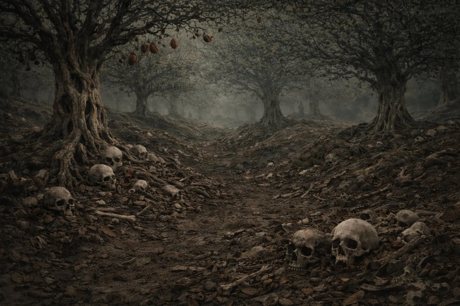 Orchard path between skull-bone trees, no figure visible