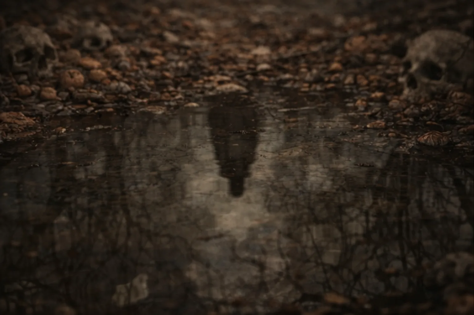 Puddle reflection of a watcher figure on the orchard floor