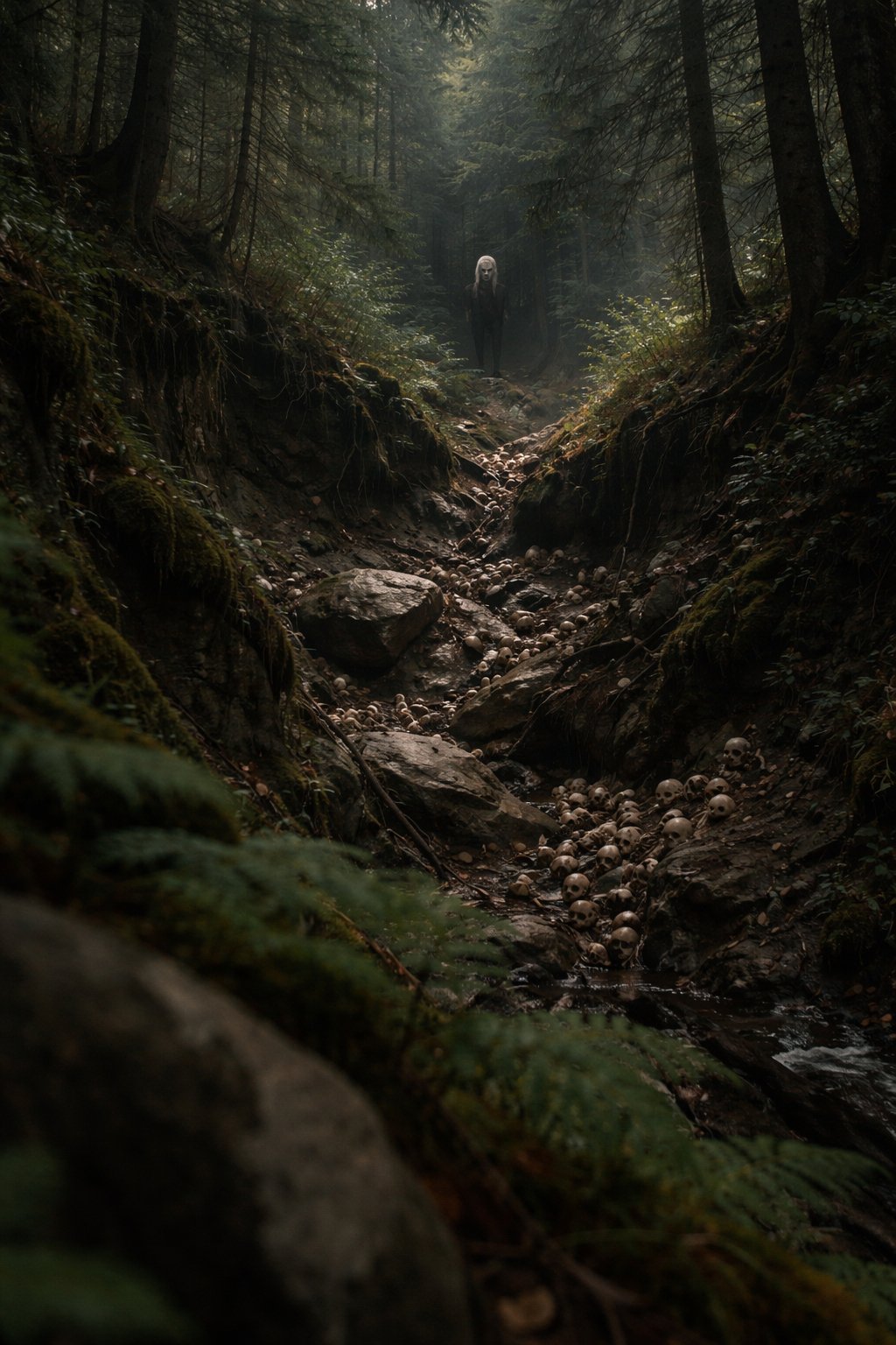 Watcher figure on a narrow forest path