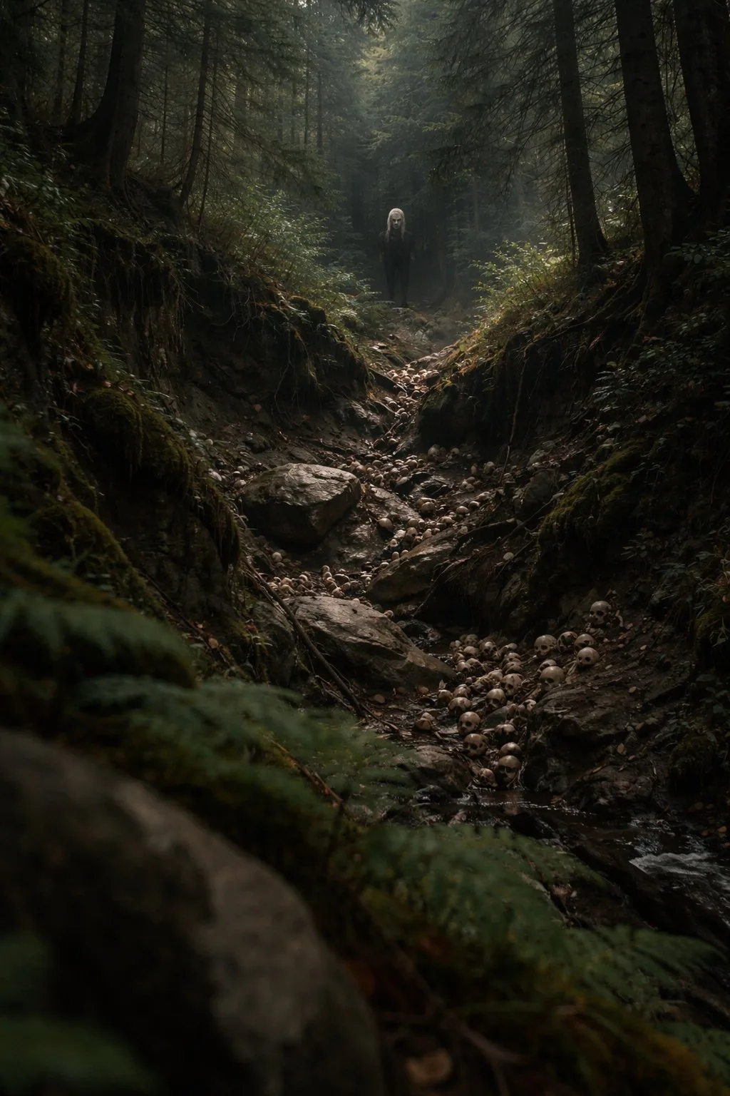 Watcher figure on a narrow forest path