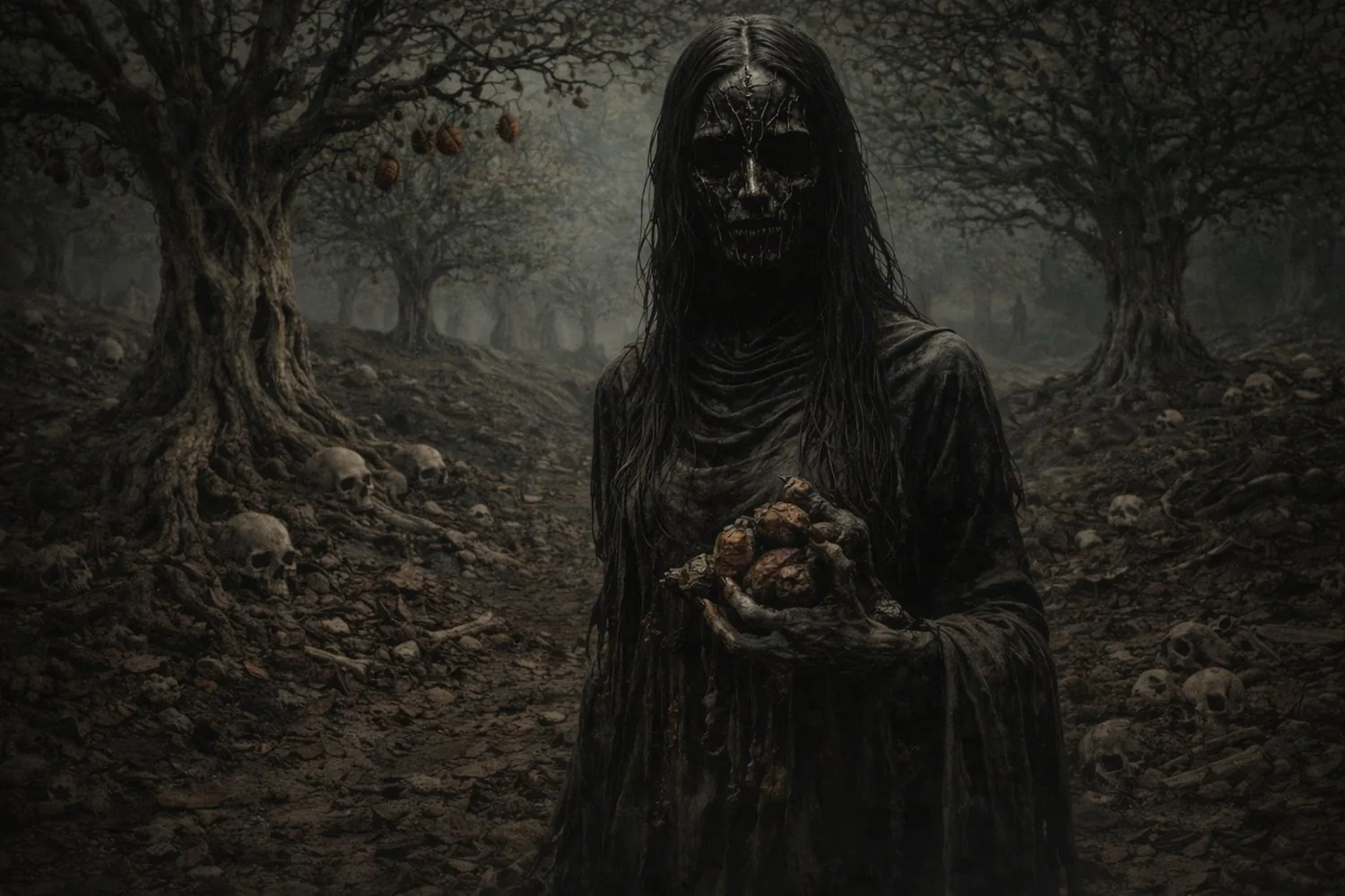 Masked watcher standing close, holding fruit, skulls at the feet